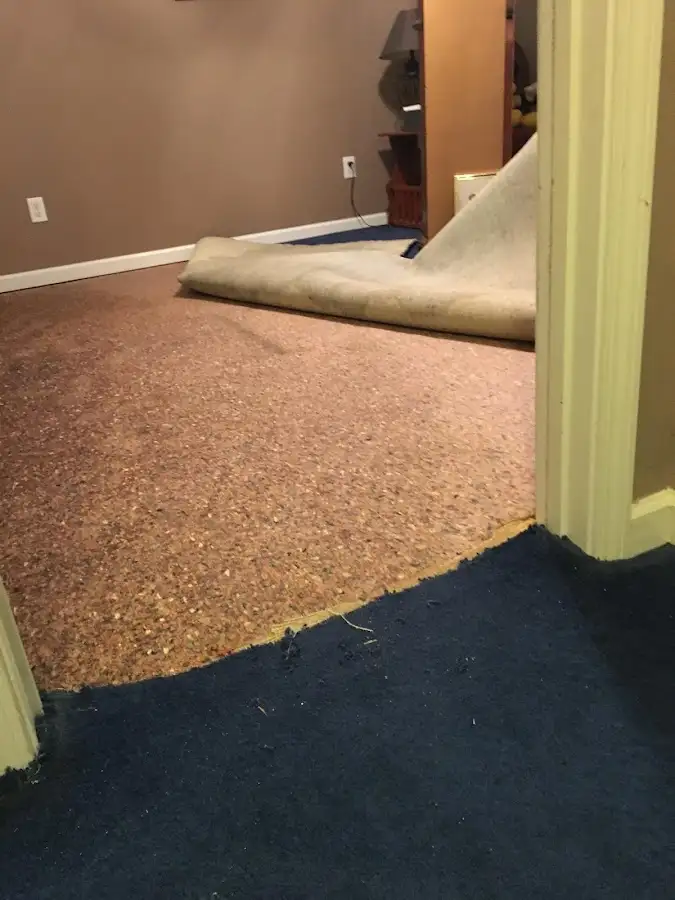 Carpet pad removal revealing water damage during Water Mitigation Services in Coppell
